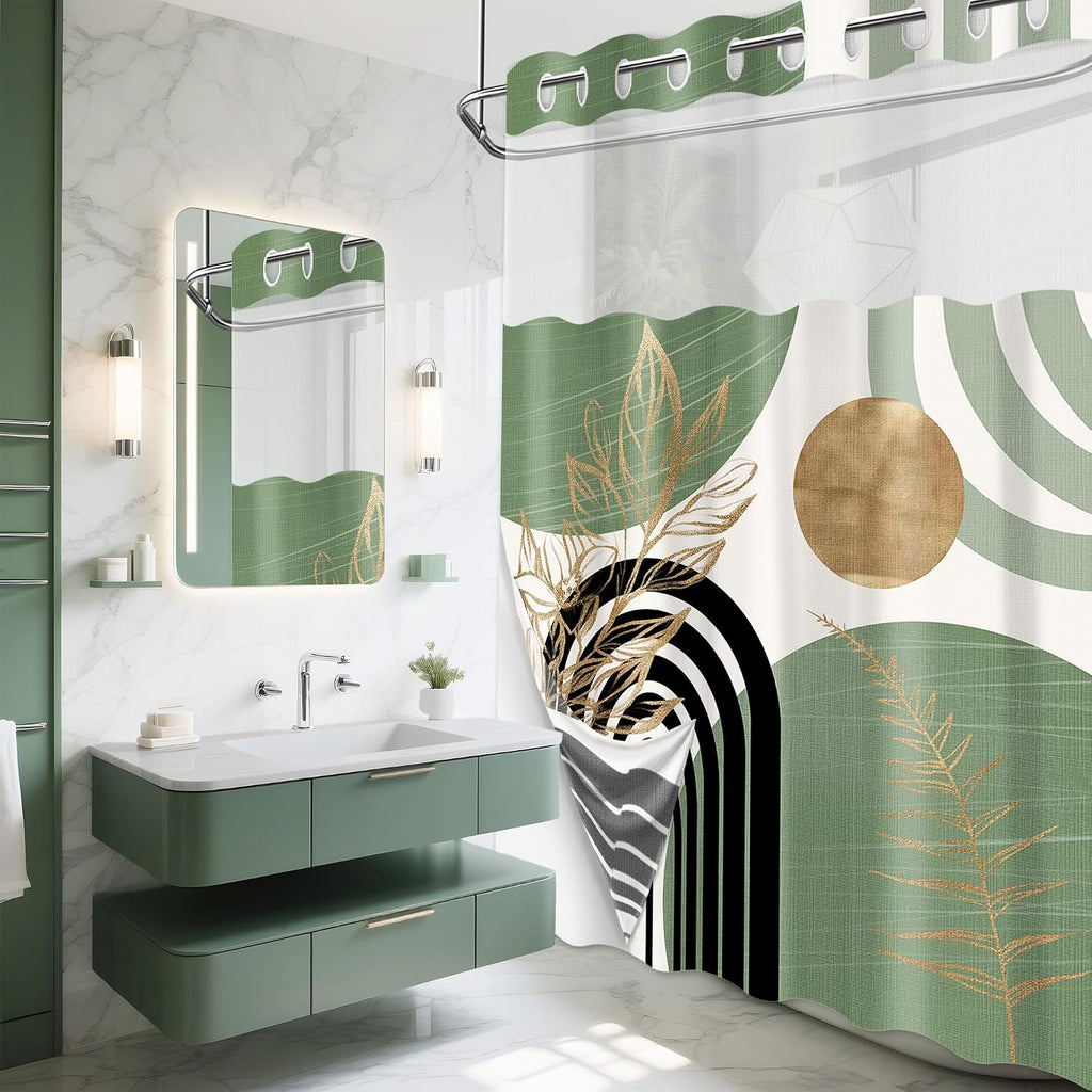 Sage Green Hookless Shower Curtain with Snap in Liner, Boho Mid Century Black and Light Green No Hook Double Layer
