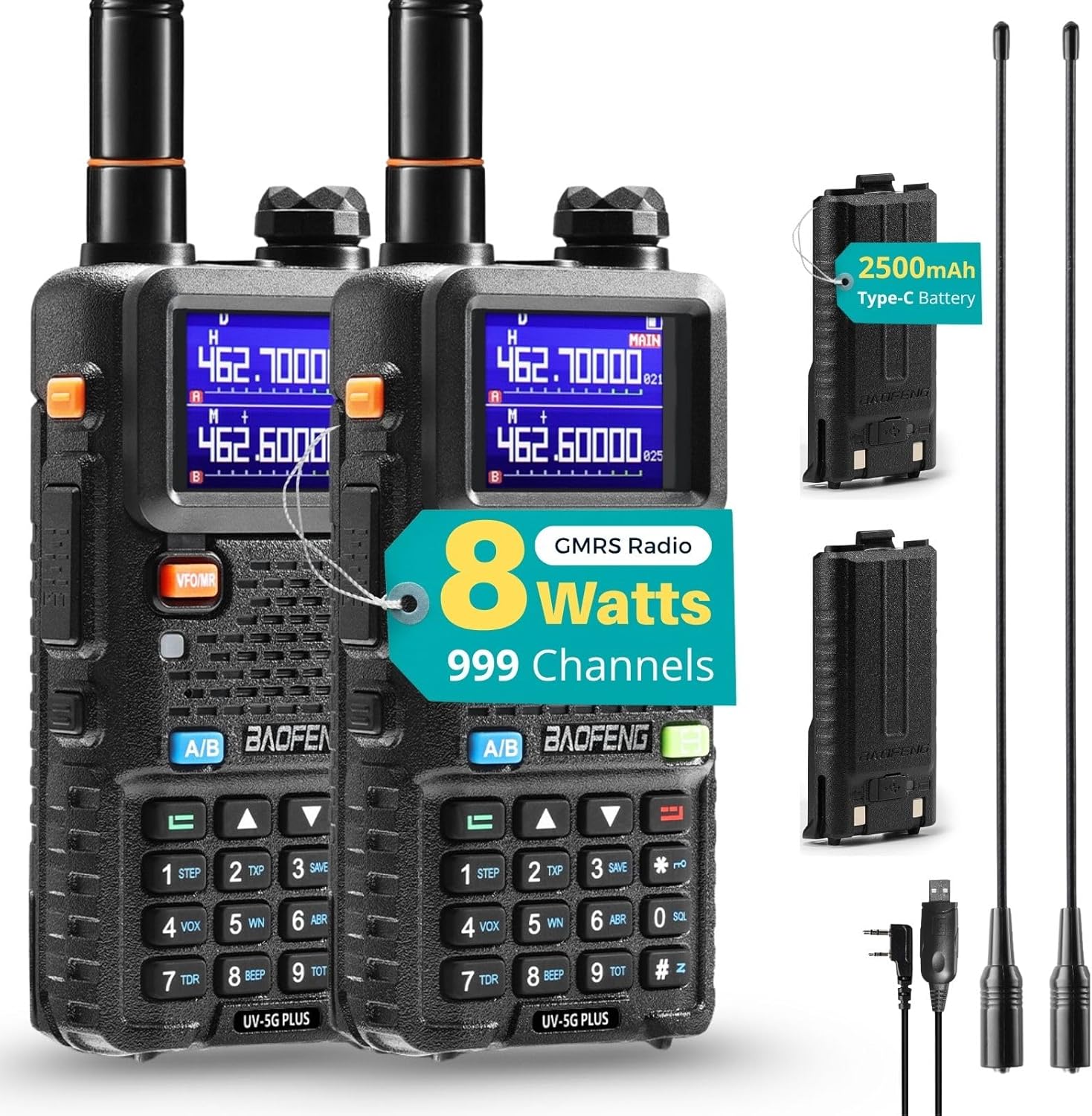 UV-5G Plus GMRS Handheld Radio, 999 CHs Chirp Compatible, 2 Pack | Long Range Repeater Capable, USB-C 2500mAh