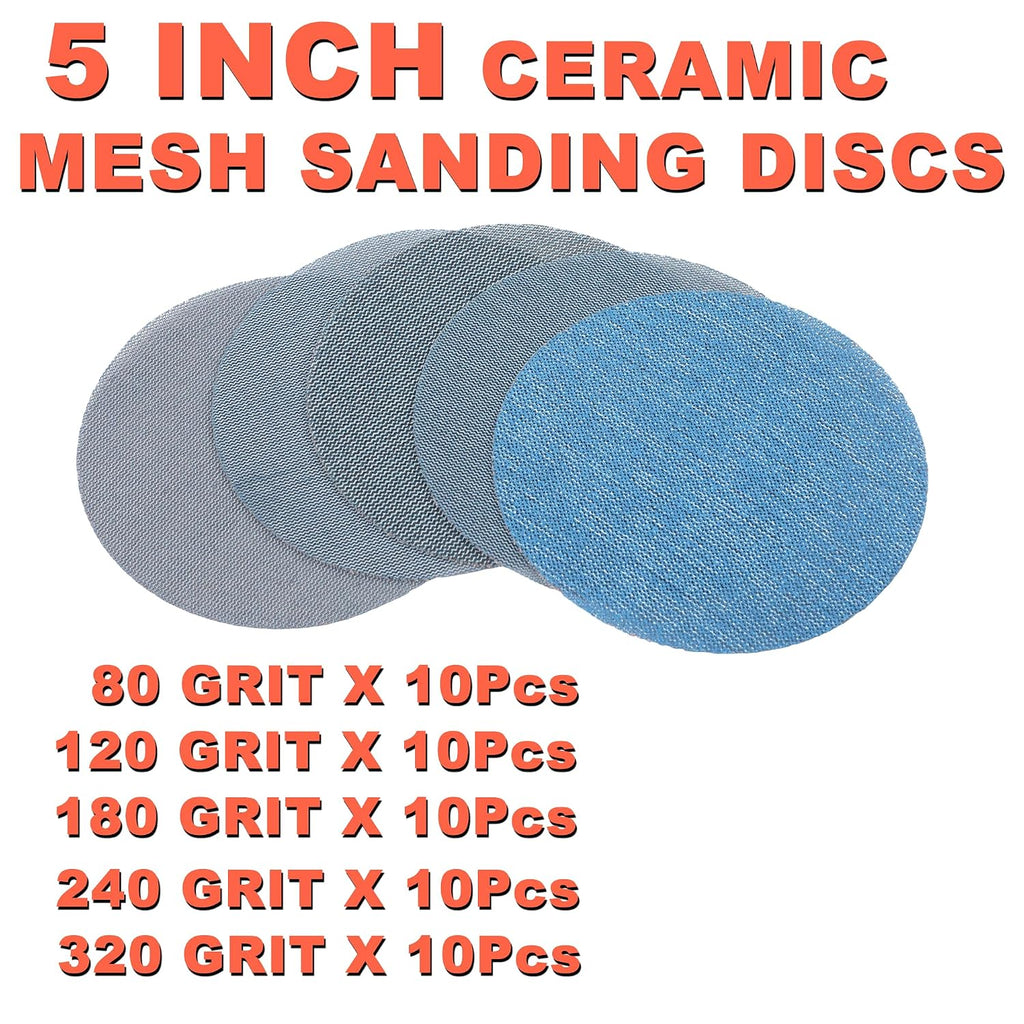 5 Inch Mesh Sanding Discs Assortment: 50Pcs Premium Ceramic Net Sanding Disc 80 120 180 240 320 Assorted Grit