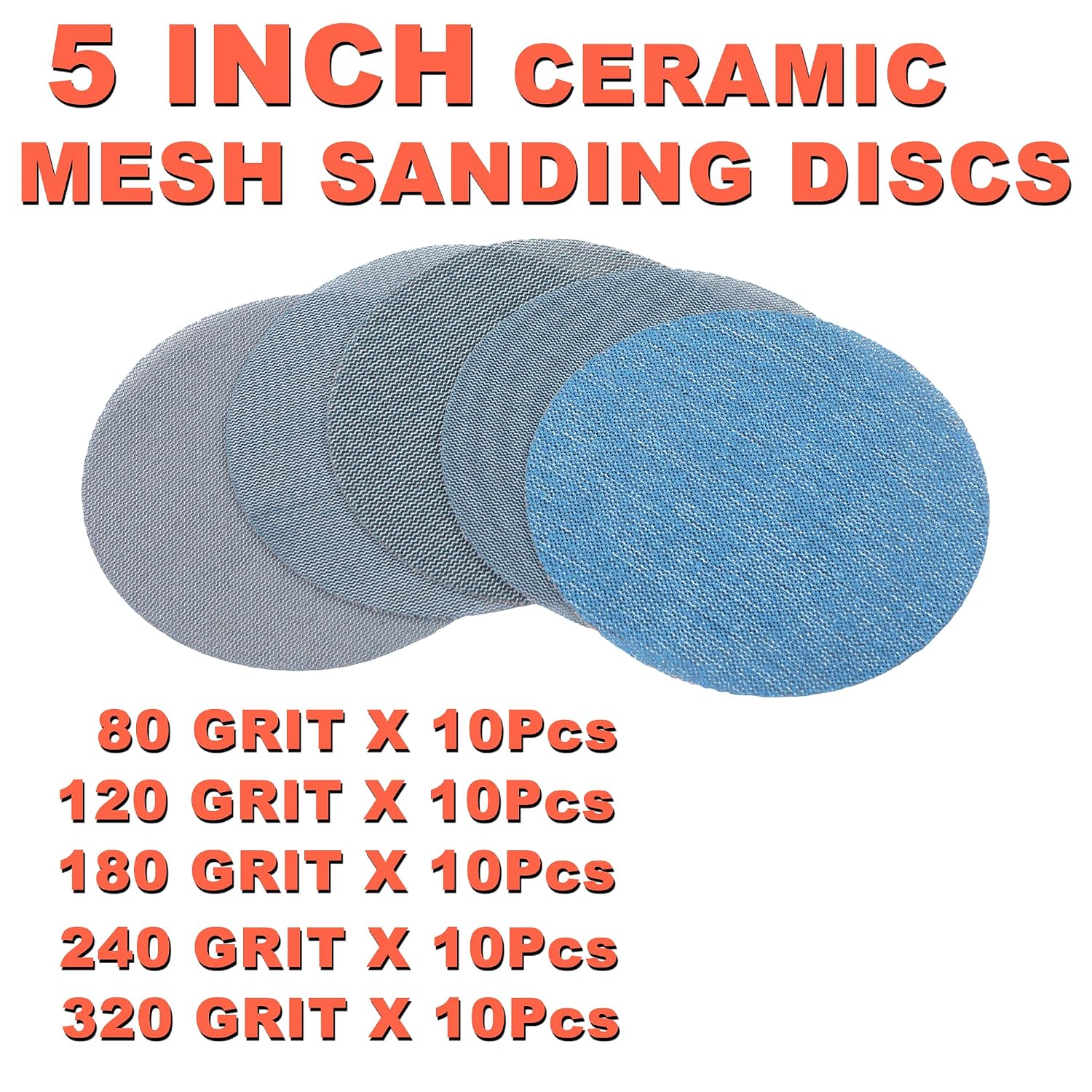 5 Inch Mesh Sanding Discs Assortment: 50Pcs Premium Ceramic Net Sanding Disc 80 120 180 240 320 Assorted Grit