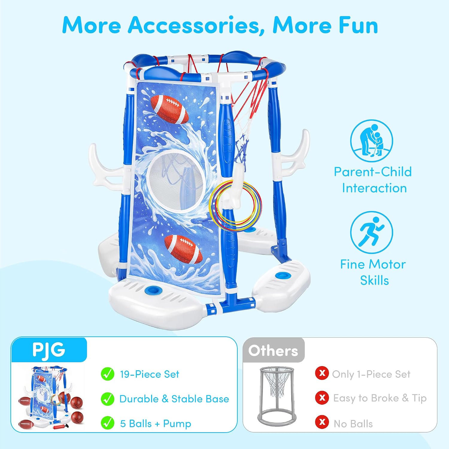 Pool Basketball Hoop, 3-in-1 Floating Poolside Basketball Ring Game Football for Kids Ages 3-12, Outdoor Summer
