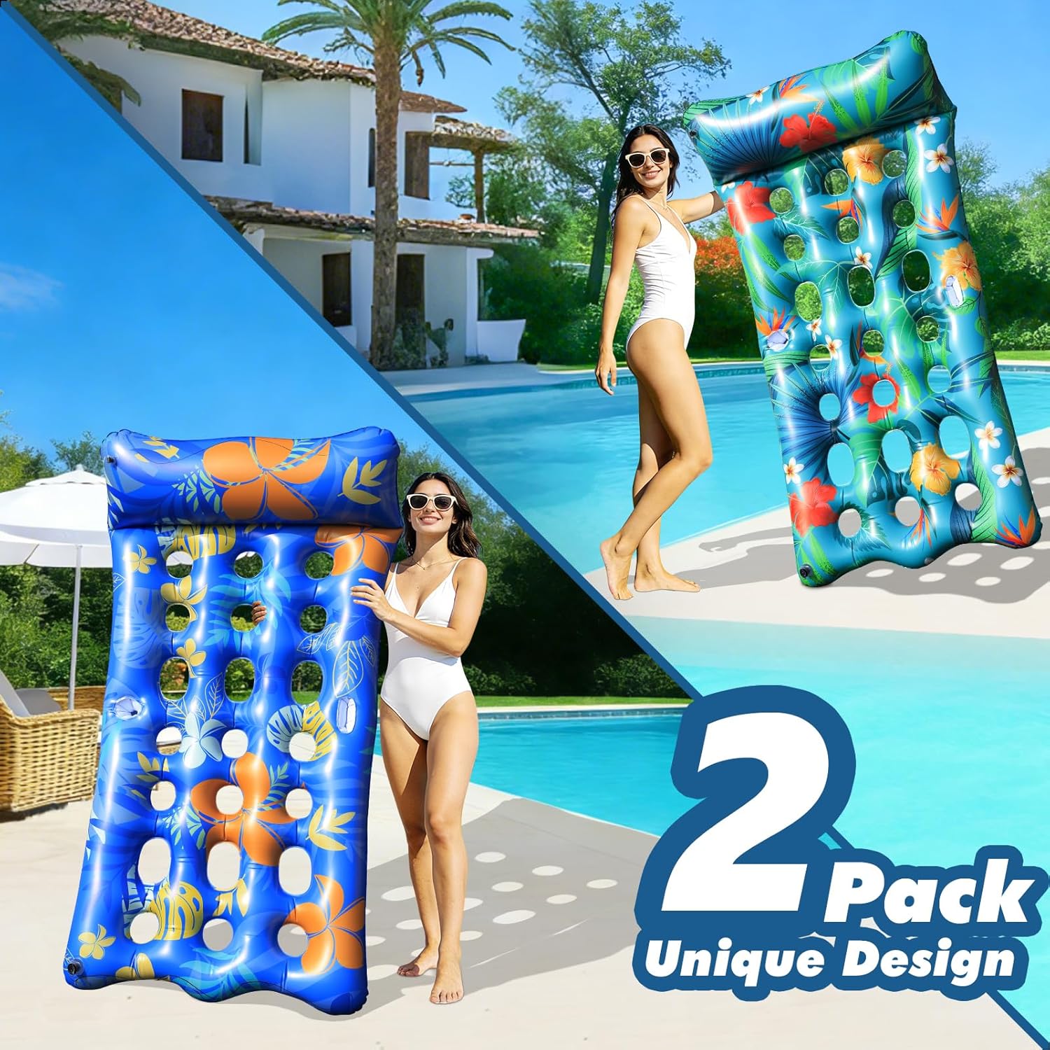 Pool Floats Lounger, 2 PCS 72''x35'' Ultra-Comfort Pool Rafts for Adults with Cooling Headrest and Cup Holders, Pool