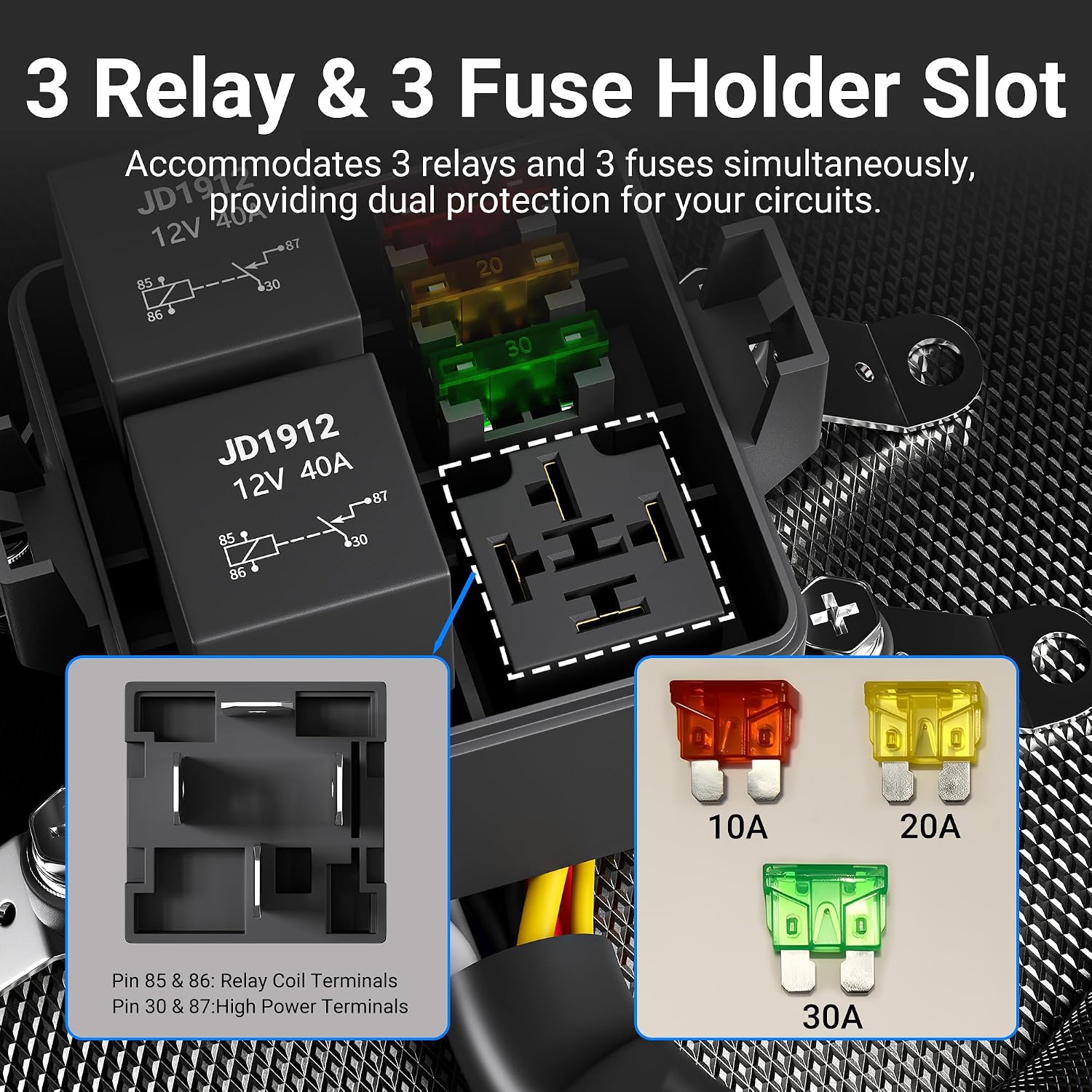 12V 3 Way Waterproof Relay Box Pre-Wired Fuse and Relay Box 3x4 Pin 40A Relay and 3 ATC/ATO Blade Fuse for Automotive