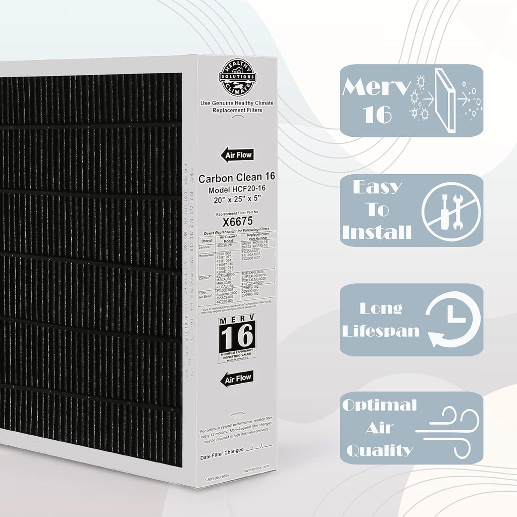 X6675 20x25x5 Air Filter, Lennox Healthy Climate Carbon Clean Merv 16 Home Furnace Filter for HVAC system with