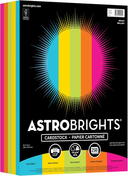 Color Cardstock -"Bright" Assortment, 65 lb Cover Weight, 8.5 x 11, Assorted, 250/Pack