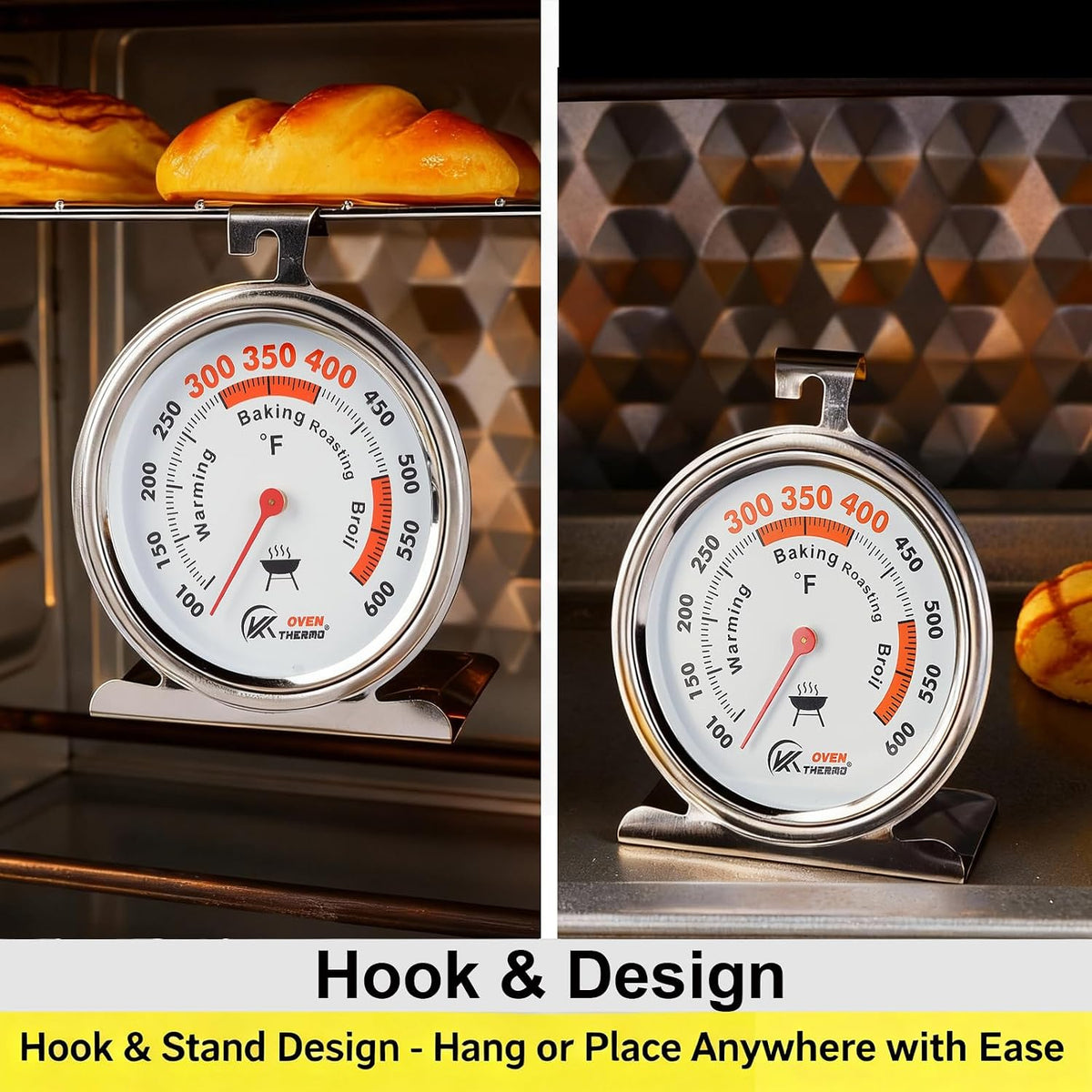 Oven Thermometer 3-Inch Large Dial, 100-600°F, Hook & Stand 2‑Pack