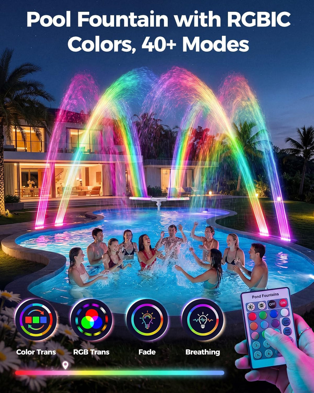 Solar Pool Fountain with Lights, Dual-Head Adjustable Spray & Timer, Remote Control, Auto Dusk Sensor, 10-Color LED