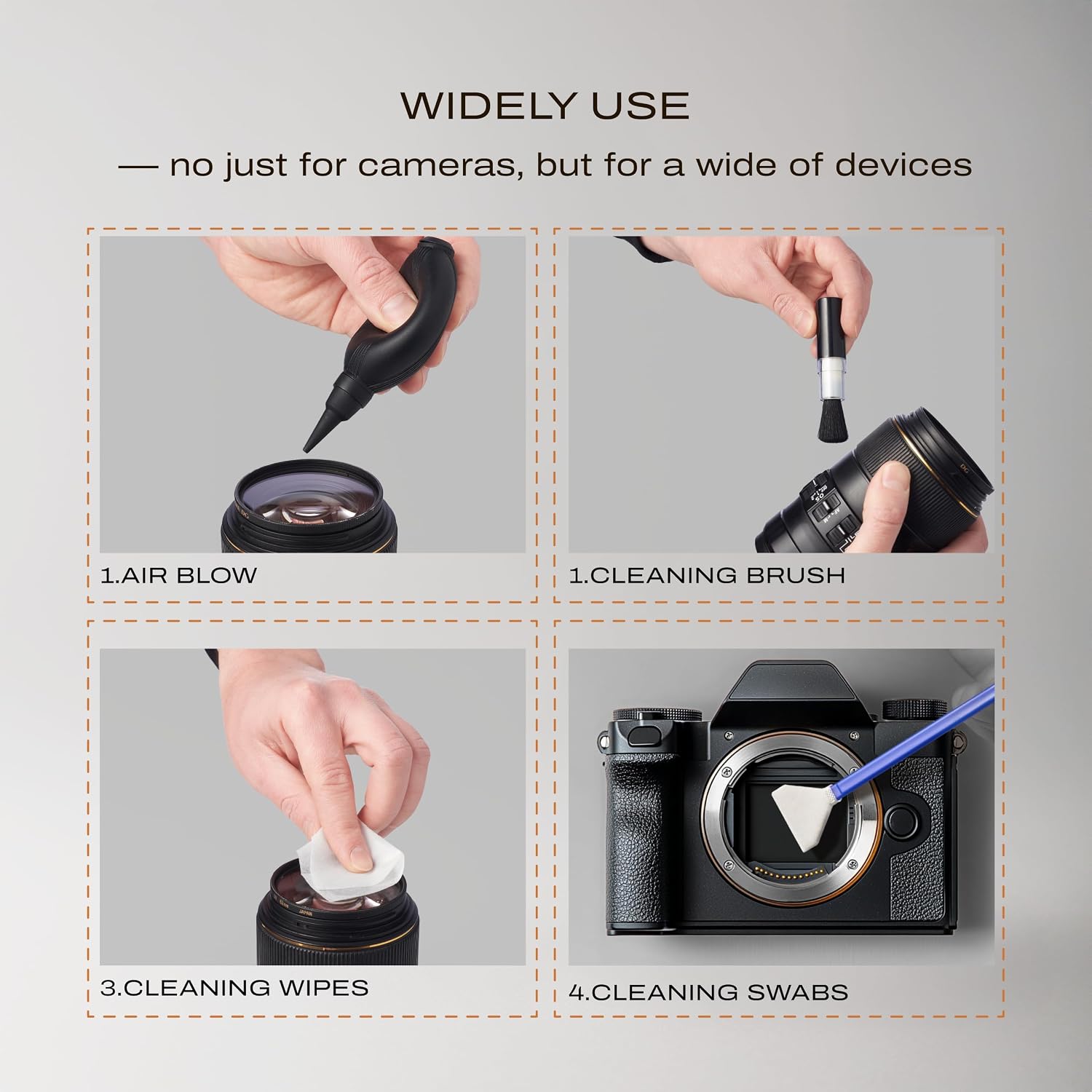 Camera Lens Cleaning Kit 7 in 1 – Lens Pen, Air Blower, Sensor Cleaning Swabs, Lens Cleaner Spray, Wet Wipes 5 Pac