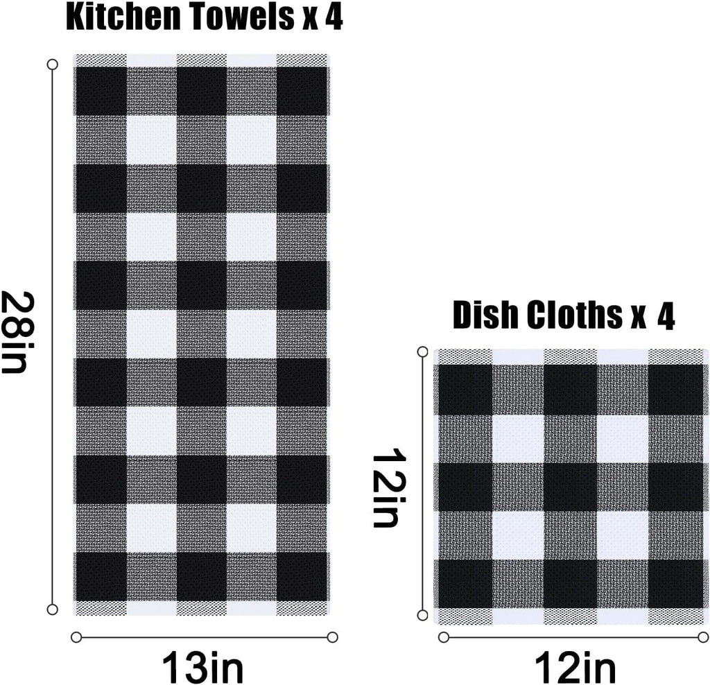 Kitchen Towels and Dishcloths Set, Set of 8, White & Black | Bulk Cotton Waffle Weave Check Plaid Kitchen Towels