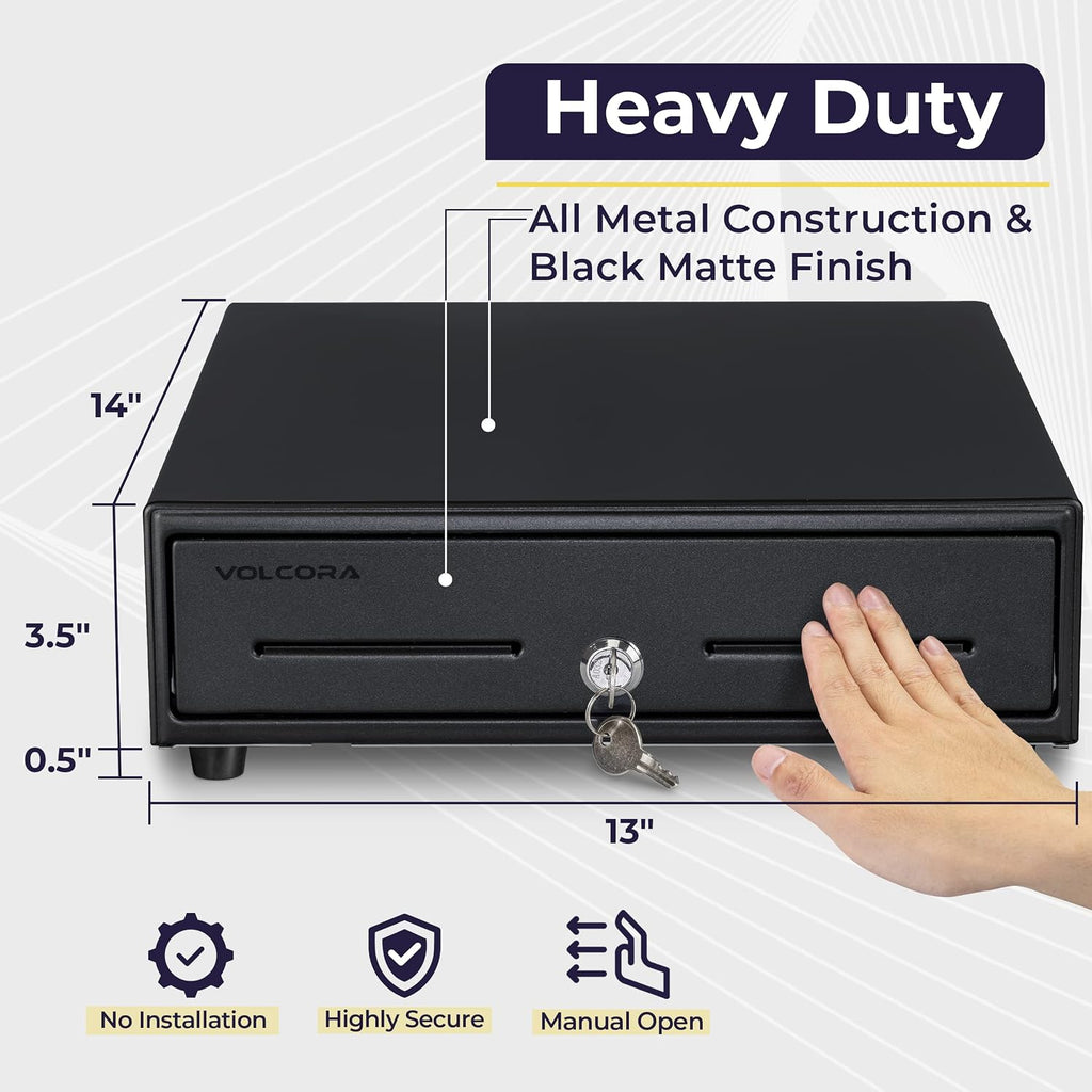 13" Manual Push Open Cash Register Drawer for Point of Sale (POS) System, Black Heavy Duty Till with 4 Bills and 5