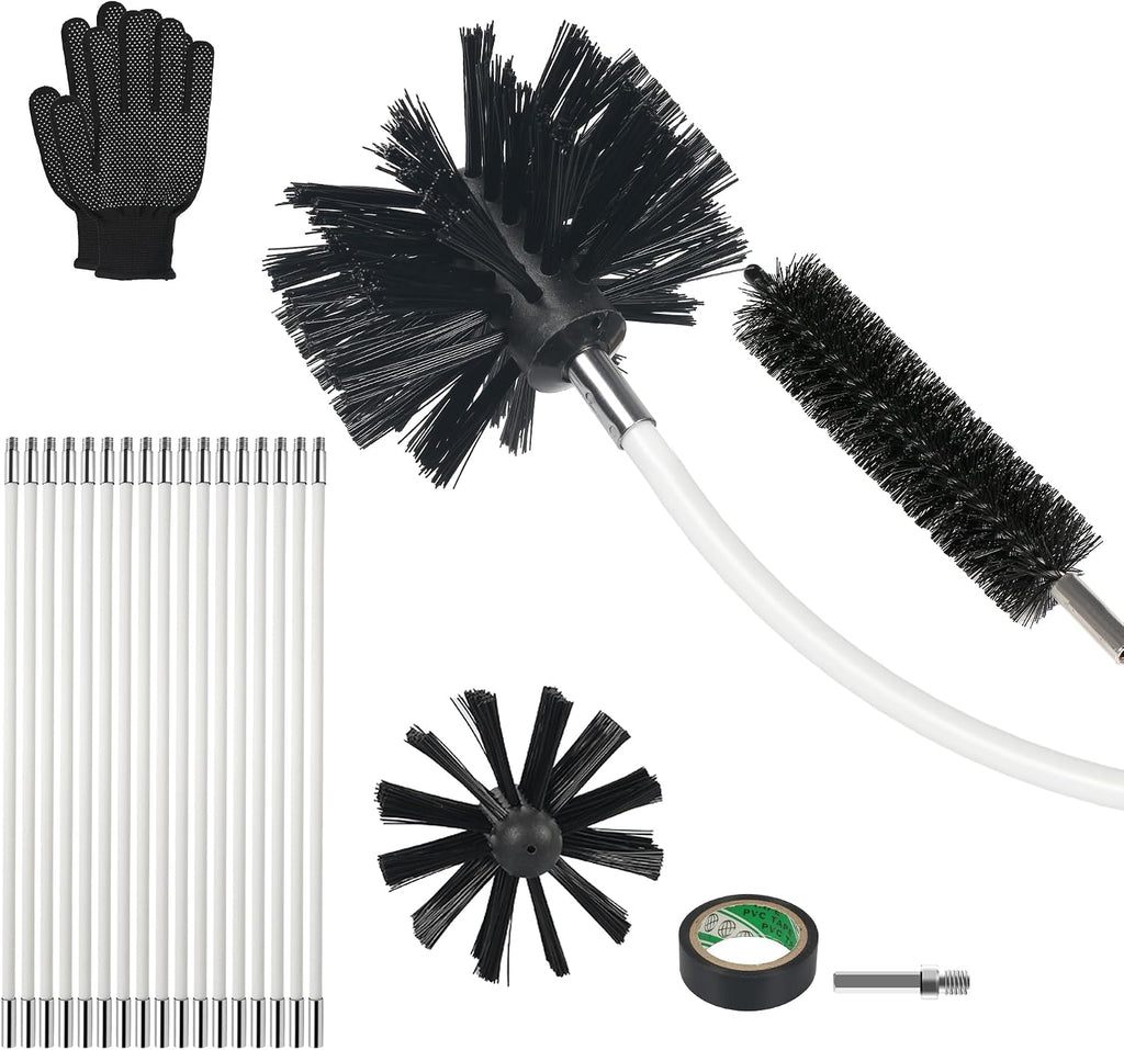 21FT Chimney Brush Kit, Multi-Purpose Dryer Vent Cleaning Brush Kit with 4" Brush Head, Professional Lint Cleaning