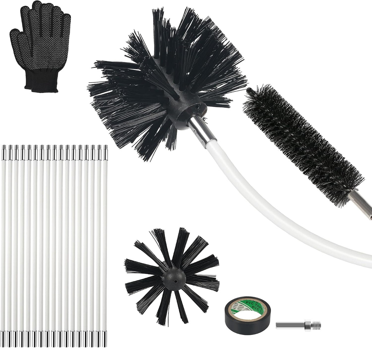 21FT Chimney Brush Kit, Multi-Purpose Dryer Vent Cleaning Brush Kit with 4" Brush Head, Professional Lint Cleaning