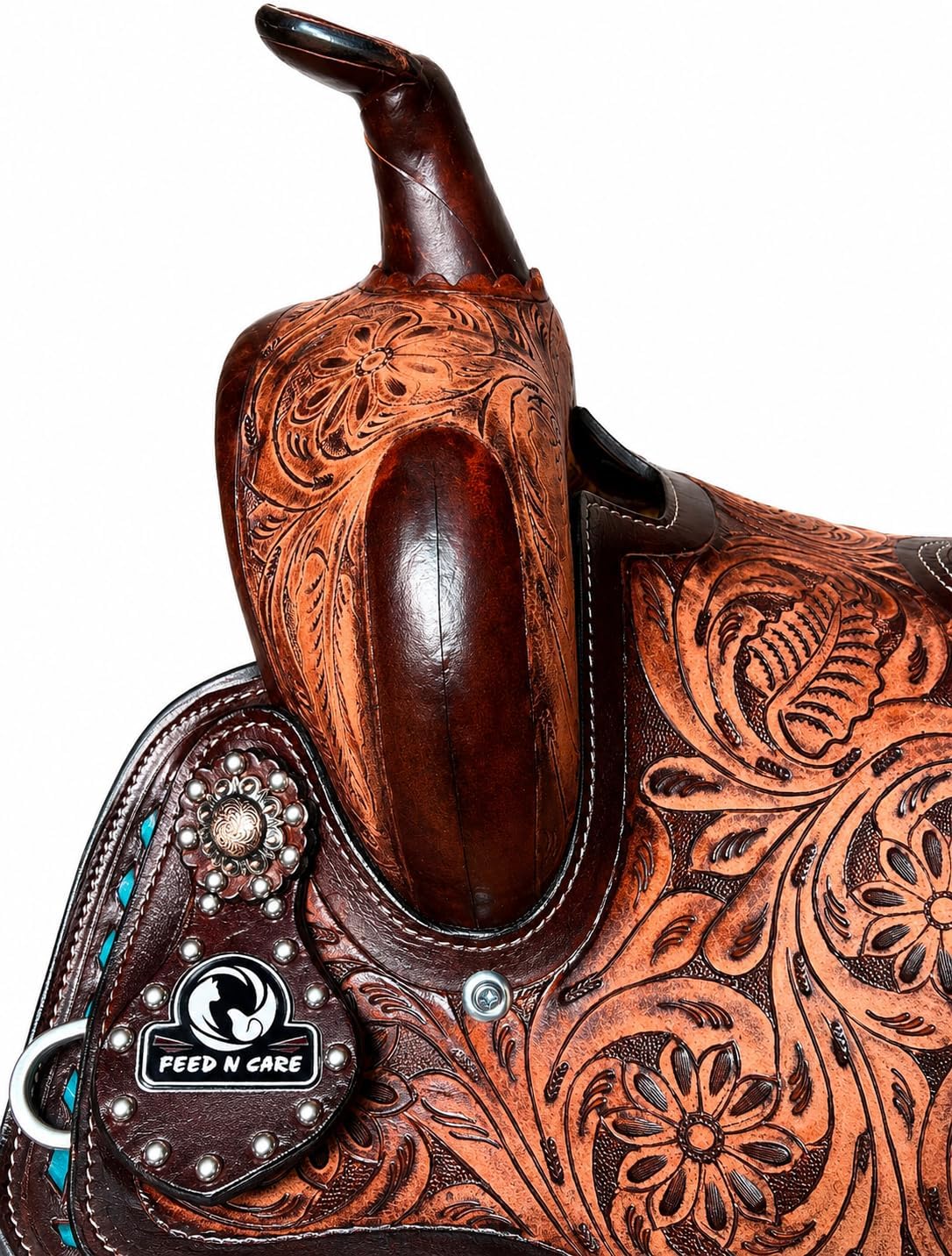 Western Leather Horse Saddle with Turquoise Floral Tooling & Tack Set