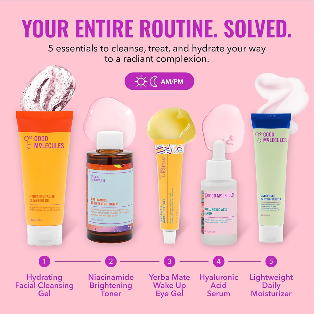 Daily Skincare Routine Set with Hydrating Cleanser, Niacinamide Toner, Hyaluronic Acid Serum, Moisturizer, Eye Gel, 5