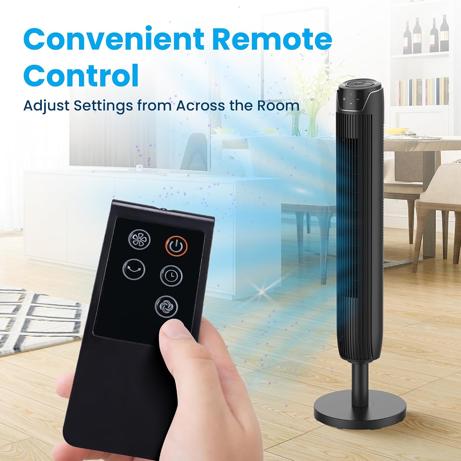 Bladeless Oscillating Tower Fan for Bedroom, Remote, Quiet, Black | 42in Height, LED Display, 3 Speed Modes, 7-Hour