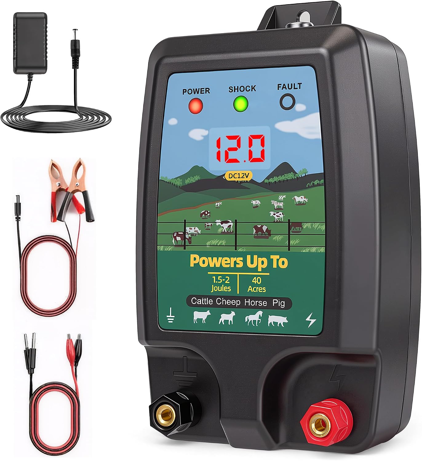 Electric Fence Charger 15 Miles, 12KV Pulse Charger AC/DC Solar Compatible, Heavy Duty Livestock 2J Fence Charger for