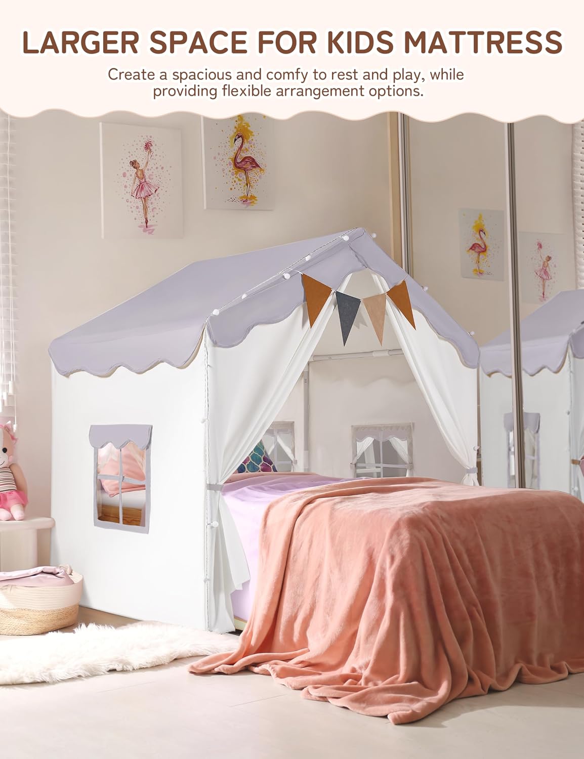 Kids Play Tent 2 in 1 with Padded Mat and Lights, Large Kids Playhouse with 2 Doors & 4 Windows, Indoor & Outdoor