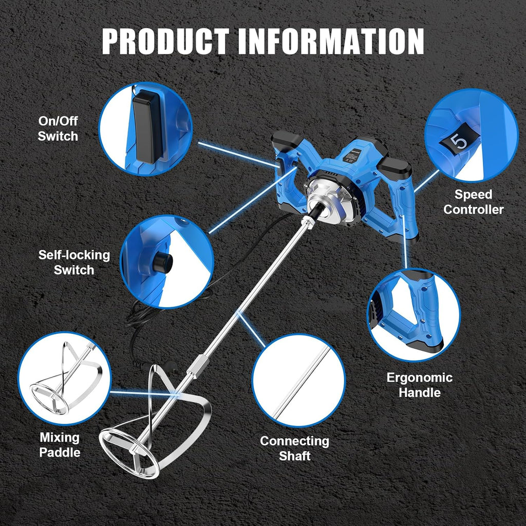 Cement Mixer Electric Concrete Mixer Machine 110V Handheld Mud Mixer with 6 Adjustable Speed for Mixing Concrete