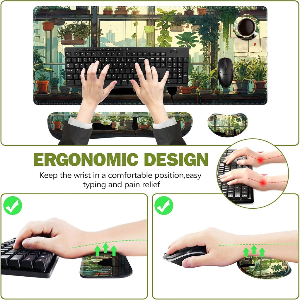 Extended Gaming Mouse Pad, Memory Foam Keyboard Mouse Wrist Rest Set | Large Desk Mat with Stitched Edges, Non-Slip
