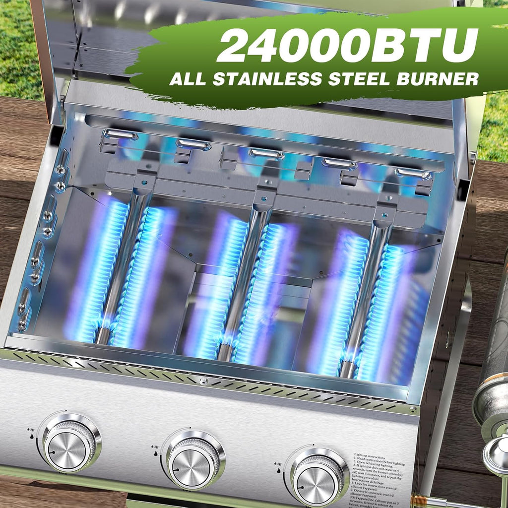 Portable 3-Burner Table Top Gas Grill with Griddle, Stainless Steel BBQ Propane Grill, Flat Top Grill with Lid for