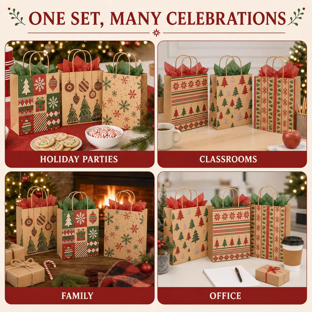 24 Pack Christmas Gift Bags with Handles, 9.1 In