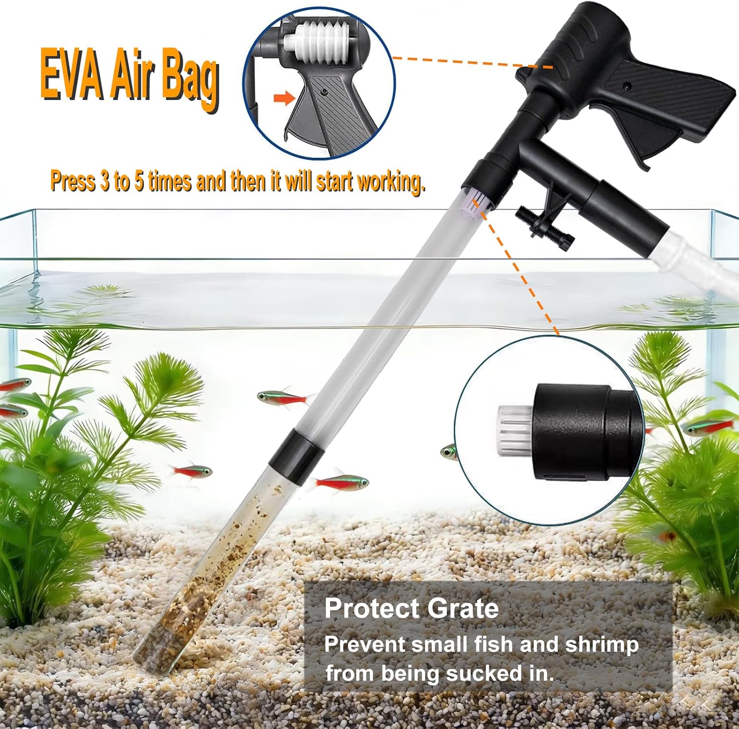 Aquarium Gravel Cleaner 15~30In with 6Ft Water Hose Fish Tank Water Changer Sand Vacuum with Skimmer Net and Long
