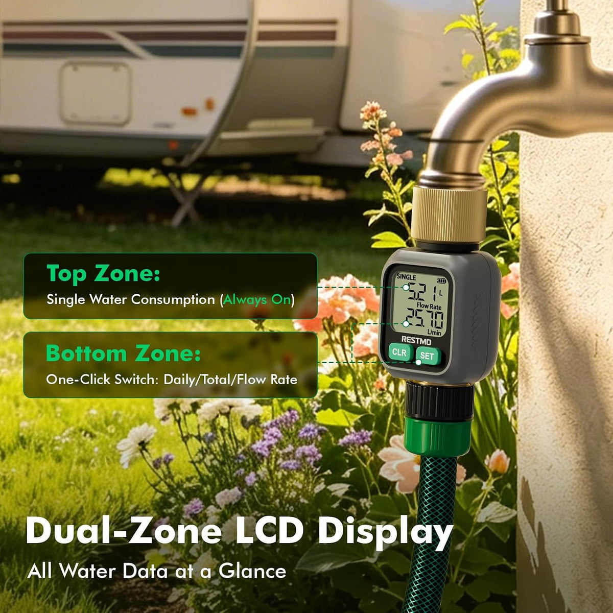 RESTMO Water Flow Meter with Dual Zone Display Screen, Brass Water Meter