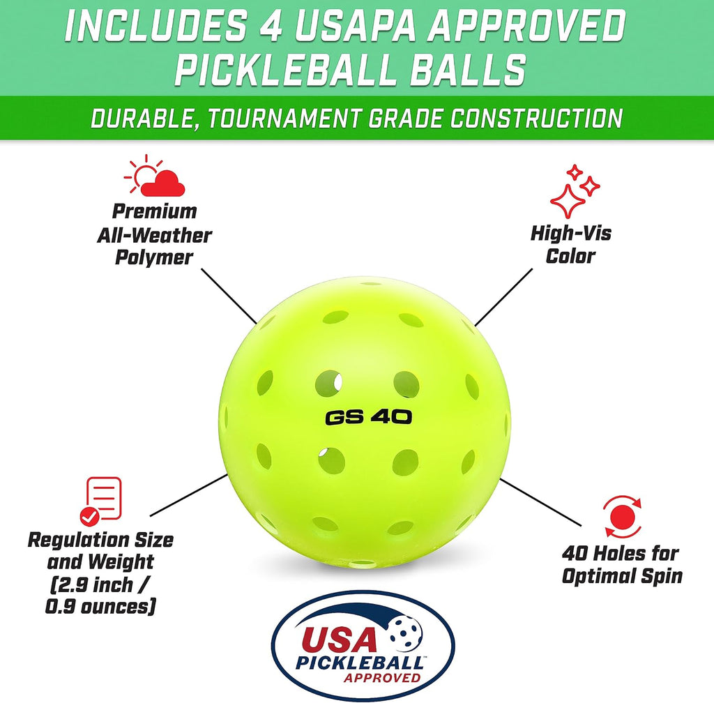 Pickleball Sets - Classic, Retro, Steel Blue, or Yellow - Includes 4 Paddles, 4 Regulation Pickleballs and Carry Case