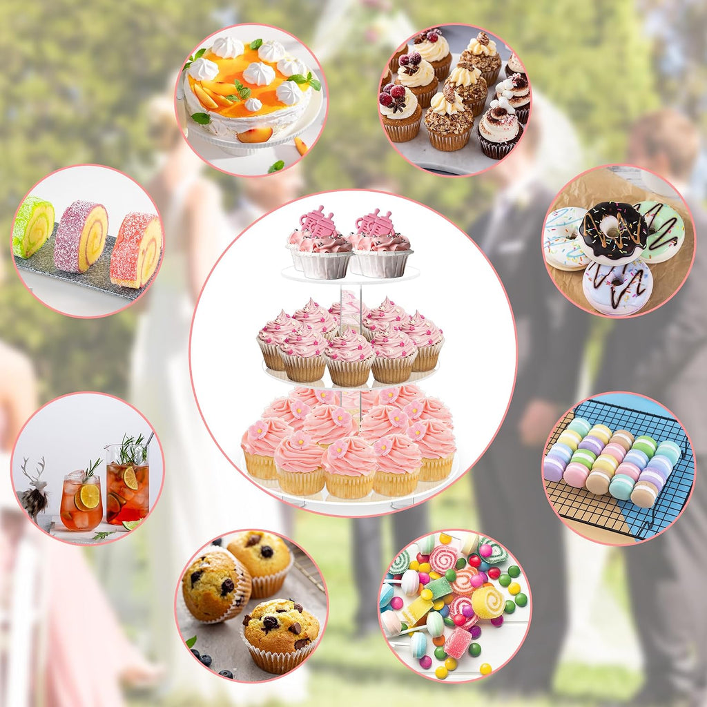 3 Tier Round Cupcake Stand with Base, Acrylic Cake Stand, Cupcake Tower Stand, Premium Cupcake Holder for 23