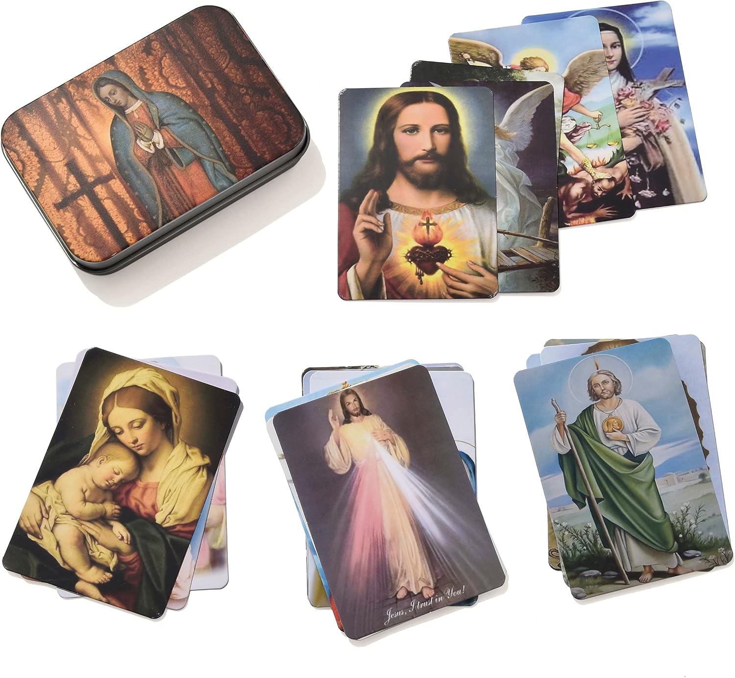 Rosary Beads Catholic Necklace Holy Soil Medal Cross Crucifix with Metal Box and 18pcs Prayer Cards