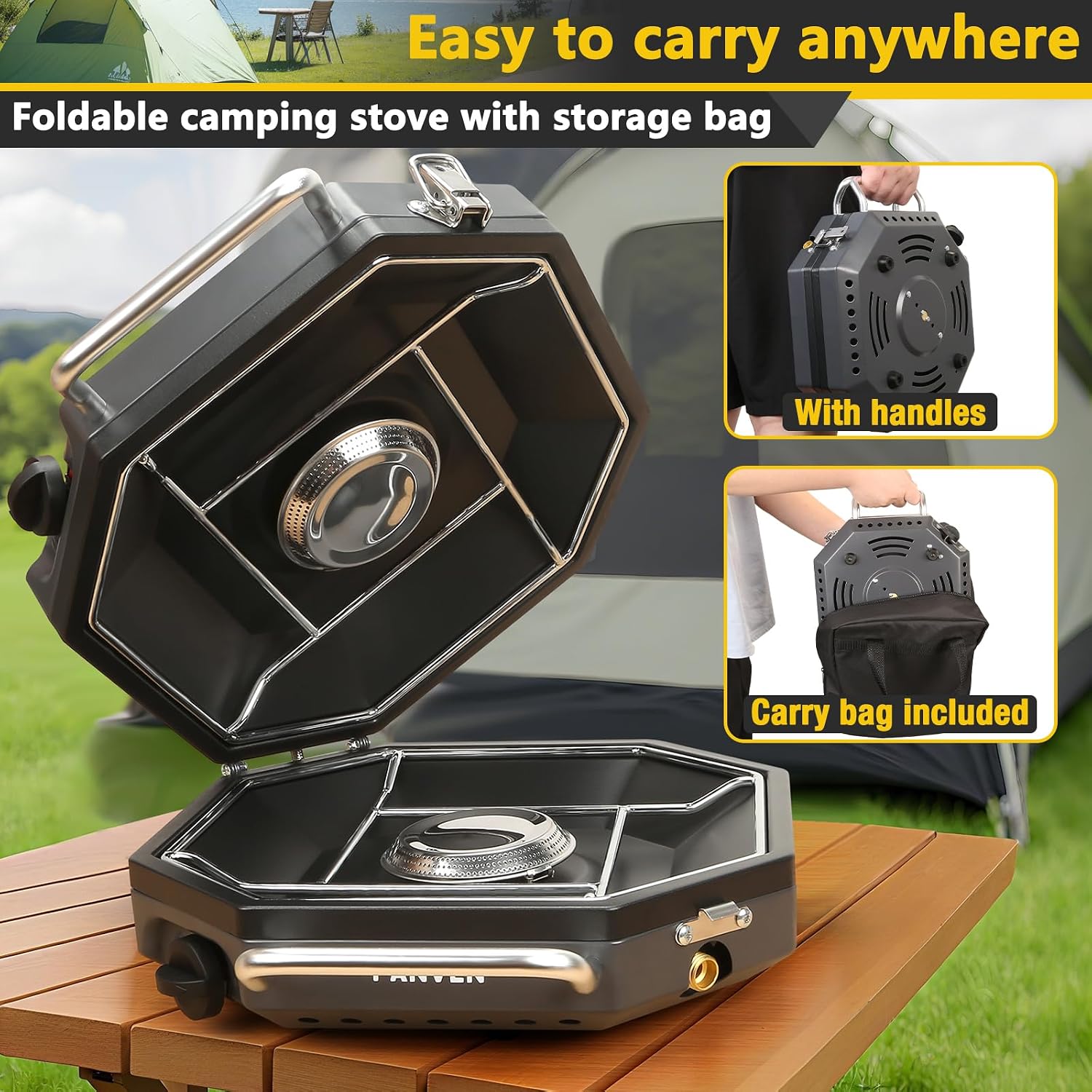 2 Burner Camping Stove, 20,000 BTU Propane Camp Stove with Wiandscreen | Foldable Portable Design with Storage Bag