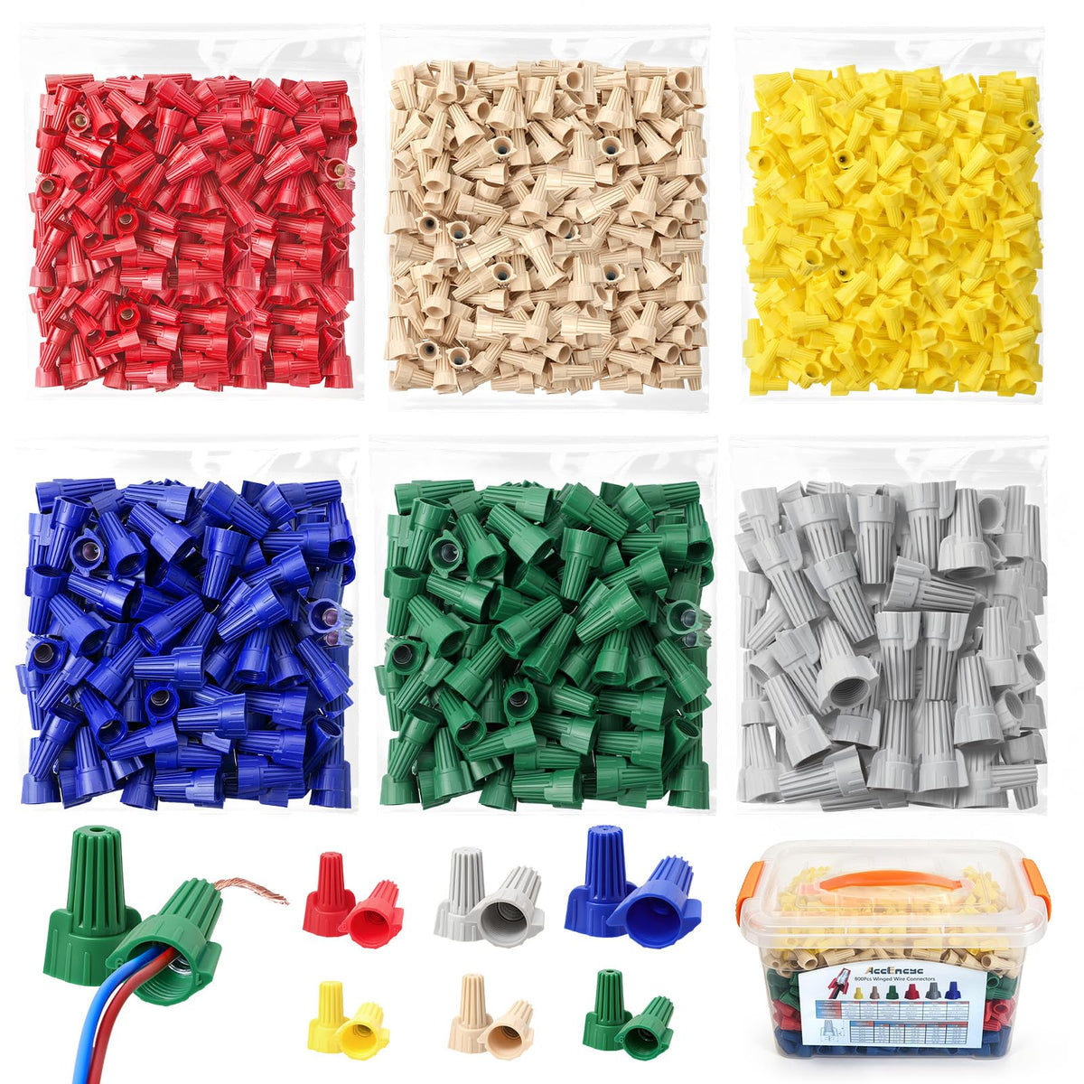 AccEncyc 800 Pcs Wire Nuts Assortment Kit 6 Sizes Winged Twist Wire Nuts