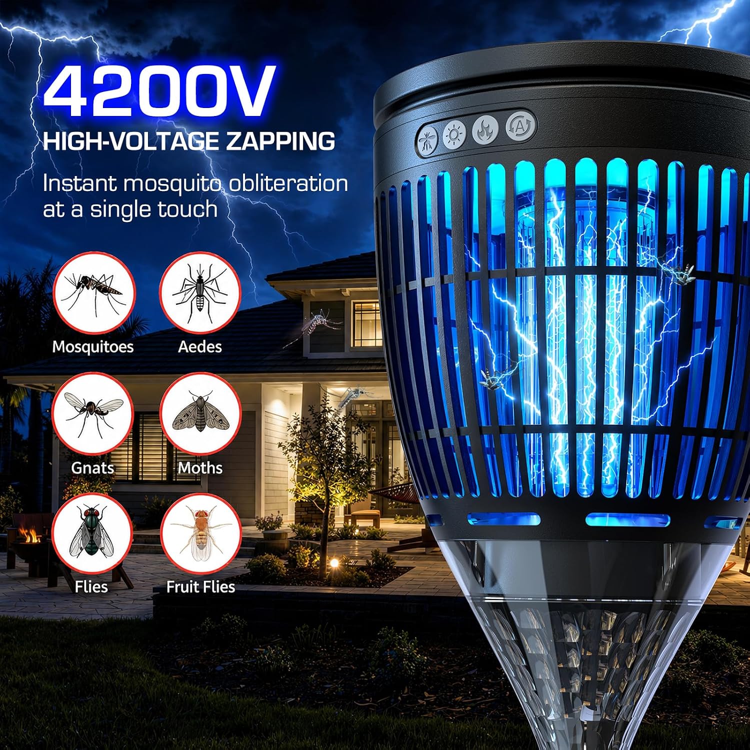 Solar Bug Zapper Outdoor, Mosquito Zapper with Flame & Projector Light | Auto On/Off, Waterproof Cordless Mosquito