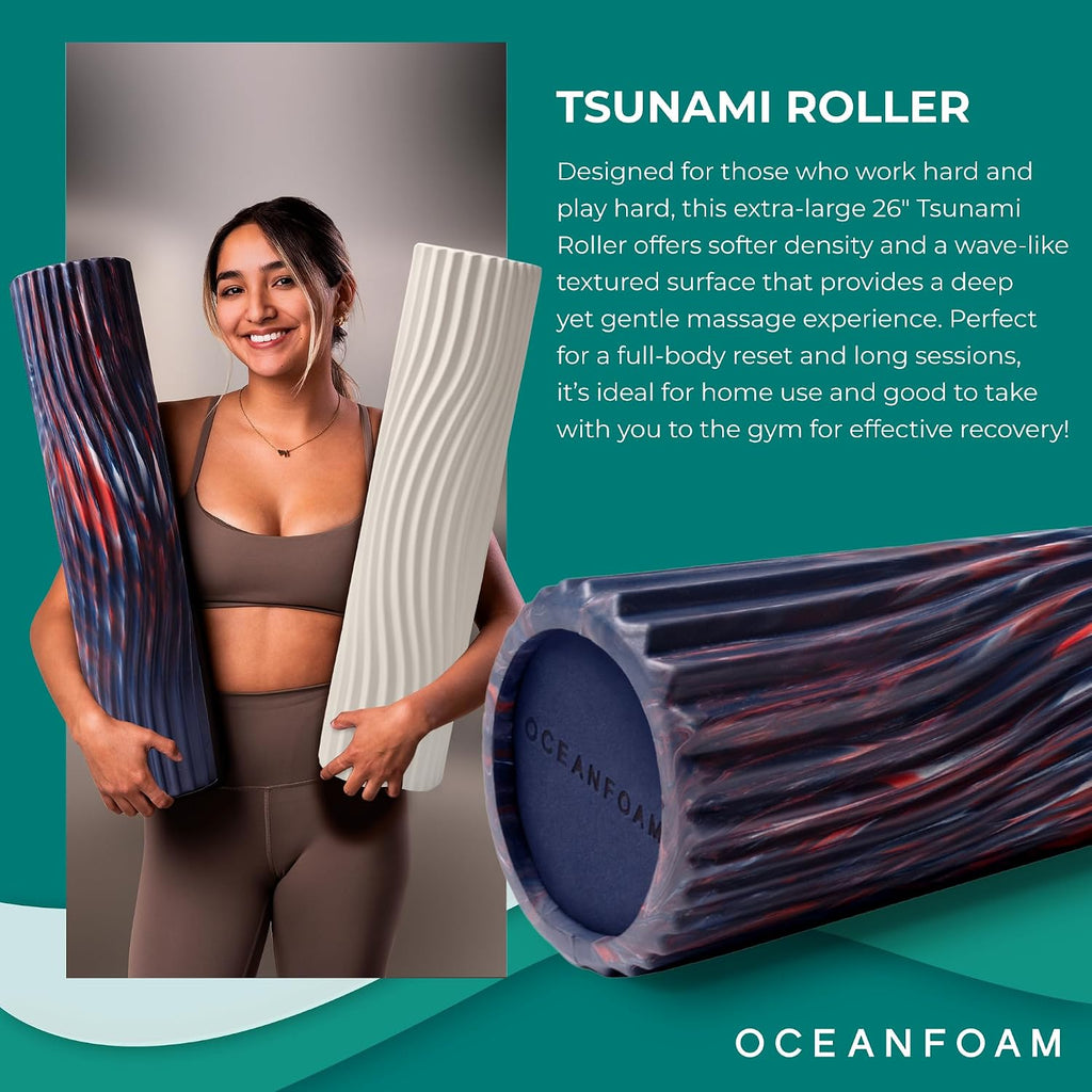Tsunami Roller (Dark Navy, Red & Natural Marbled) - Extra-Large, 26" x 5.9" - Soft, Textured Foam Roller for Physical