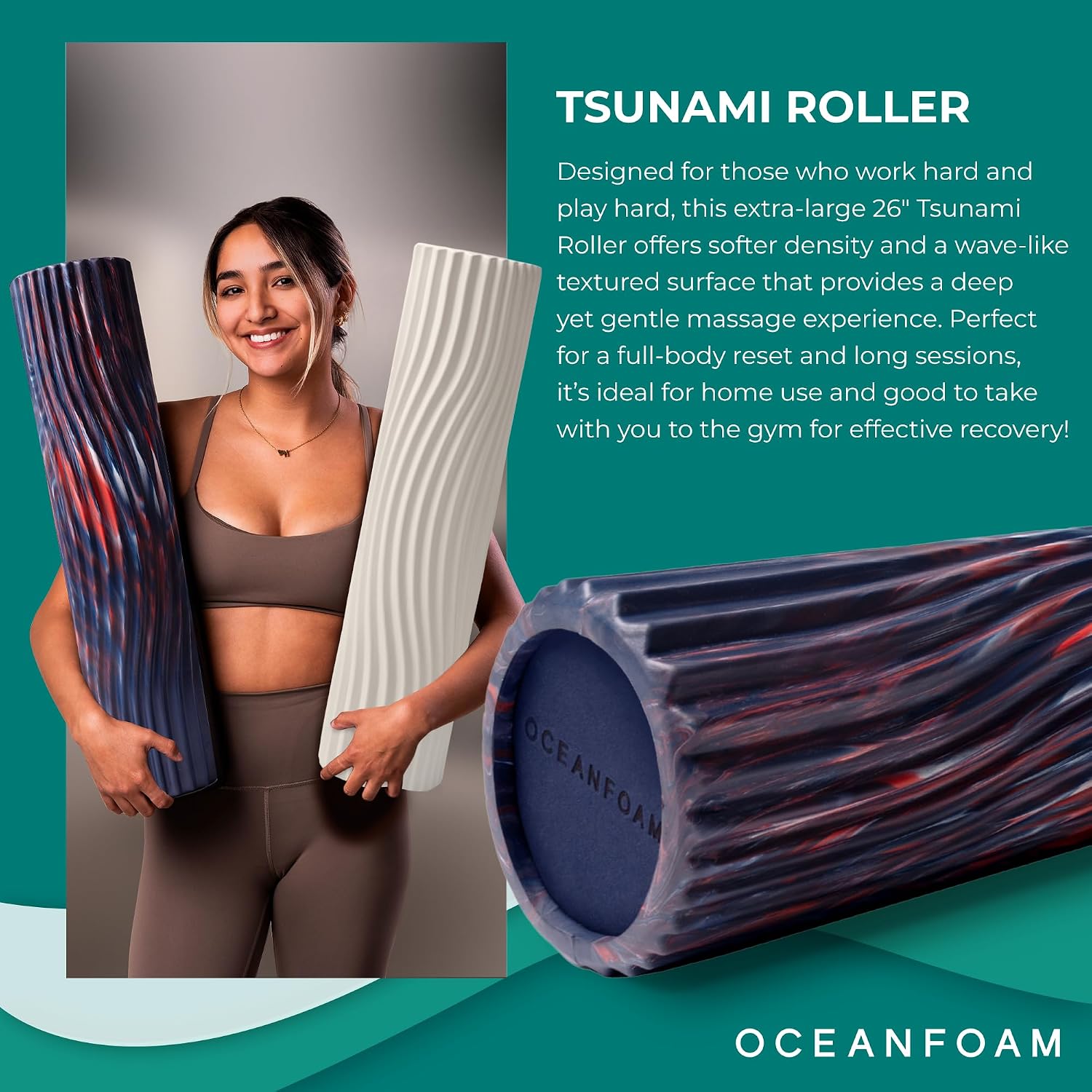 Tsunami Roller (Dark Navy, Red & Natural Marbled) - Extra-Large, 26" x 5.9" - Soft, Textured Foam Roller for Physical