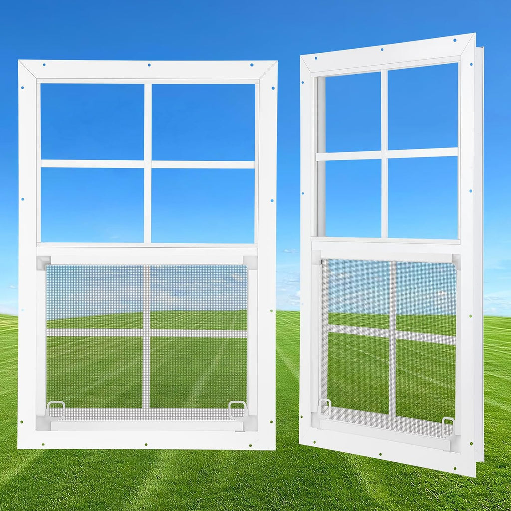 18" x 27" Shed Windows 2 Pack, Small Sliding Window with Tempered Glass & Metal Mesh Screen, Flush Mount Windows for