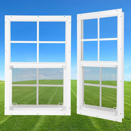 18" x 27" Shed Windows 2 Pack, Small Sliding Window with Tempered Glass & Metal Mesh Screen, Flush Mount Windows for