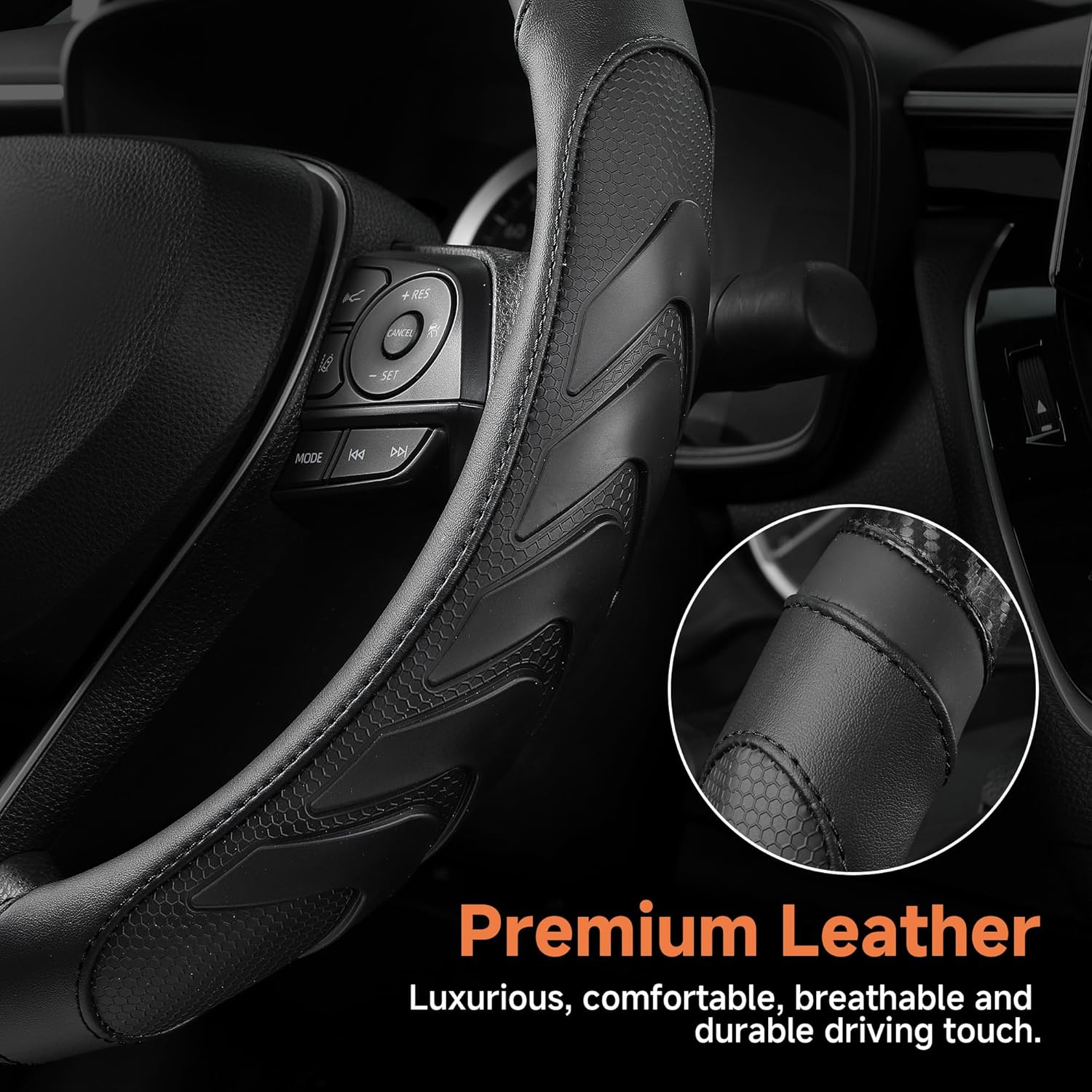 Carbon Fiber Leather Steering Wheel Cover with Anti-Slip Grip, 3D Textured Design, 14.5-15 Inch Car Steering Wheel