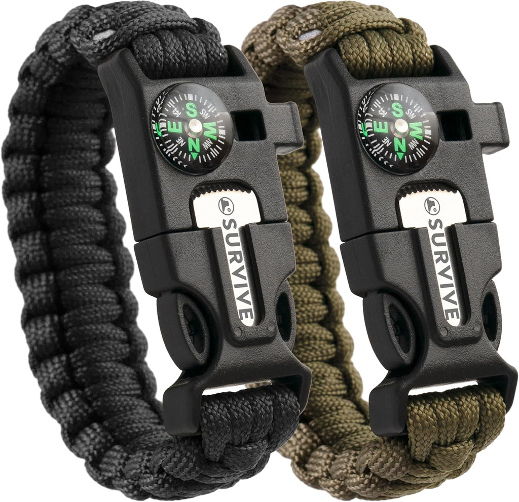 Paracord Bracelet, Pack of 2, Emergency Hiking Survival Kit Fire Starter Compass Whistle, 3 Wrist Sizes: Small Medium