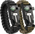 Paracord Bracelet, Pack of 2, Emergency Hiking Survival Kit Fire Starter Compass Whistle, 3 Wrist Sizes: Small Medium