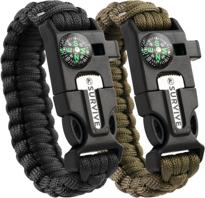 Paracord Bracelet, Pack of 2, Emergency Hiking Survival Kit Fire Starter Compass Whistle, 3 Wrist Sizes: Small Medium