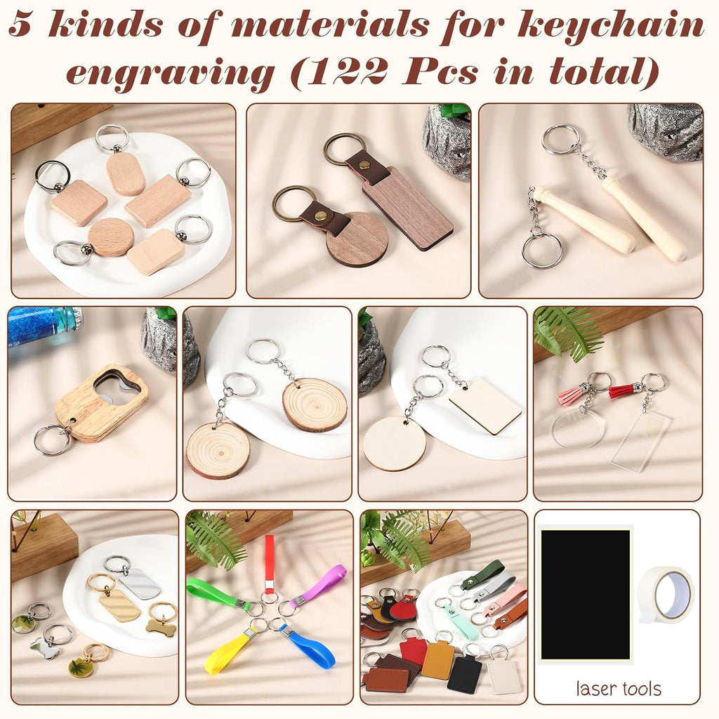 122 Pcs Laser Engraving Blanks, Keychain Bulk Material Accessories | Wood, Stainless Steel, Acrylic, PU Leather