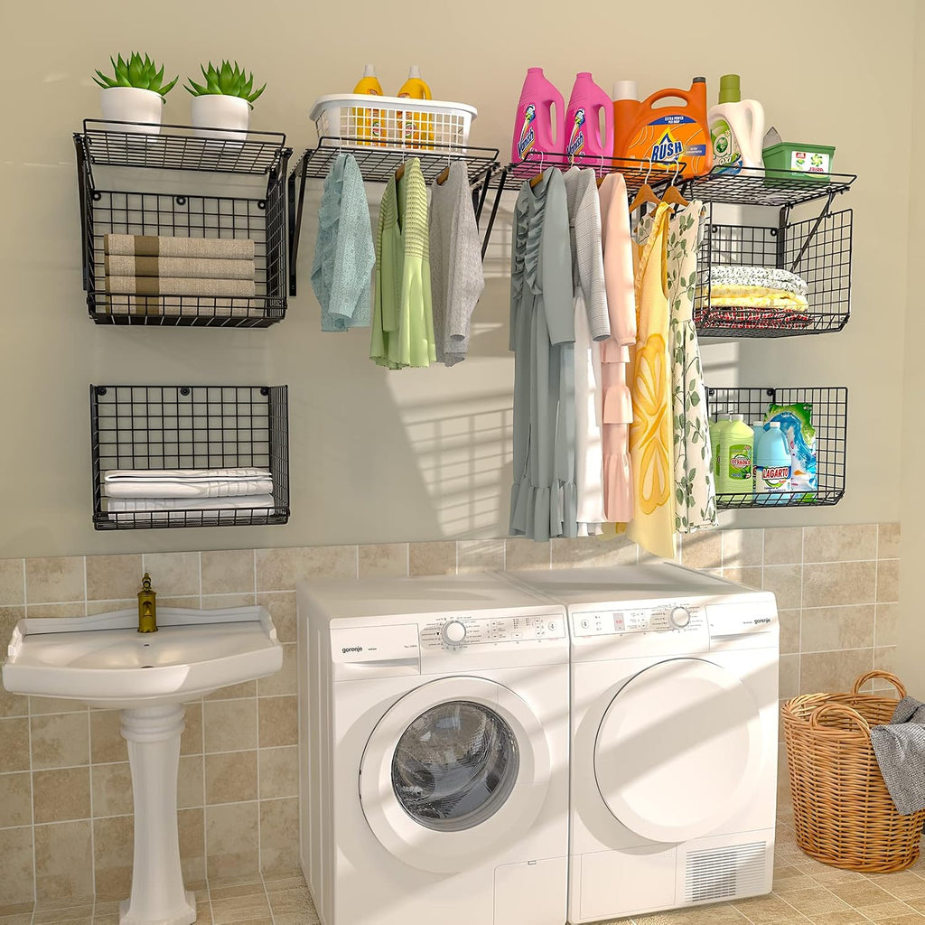 2 Pack Laundry Room Shelves, Wire Baskets with 8 Hooks, Over Washer and Dryer Shelf, Wall Mounted Storage and Clothes