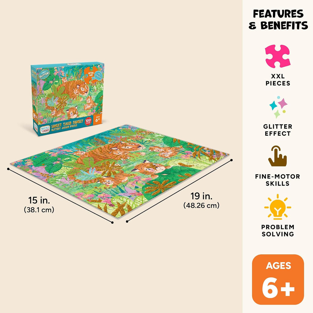 Chuckle & Roar - Sweet Tiger Family Glittery Jigsaw Puzzle – 100 Piece XXL Cozy Animal Scene, Ages 6+, 15 x 19