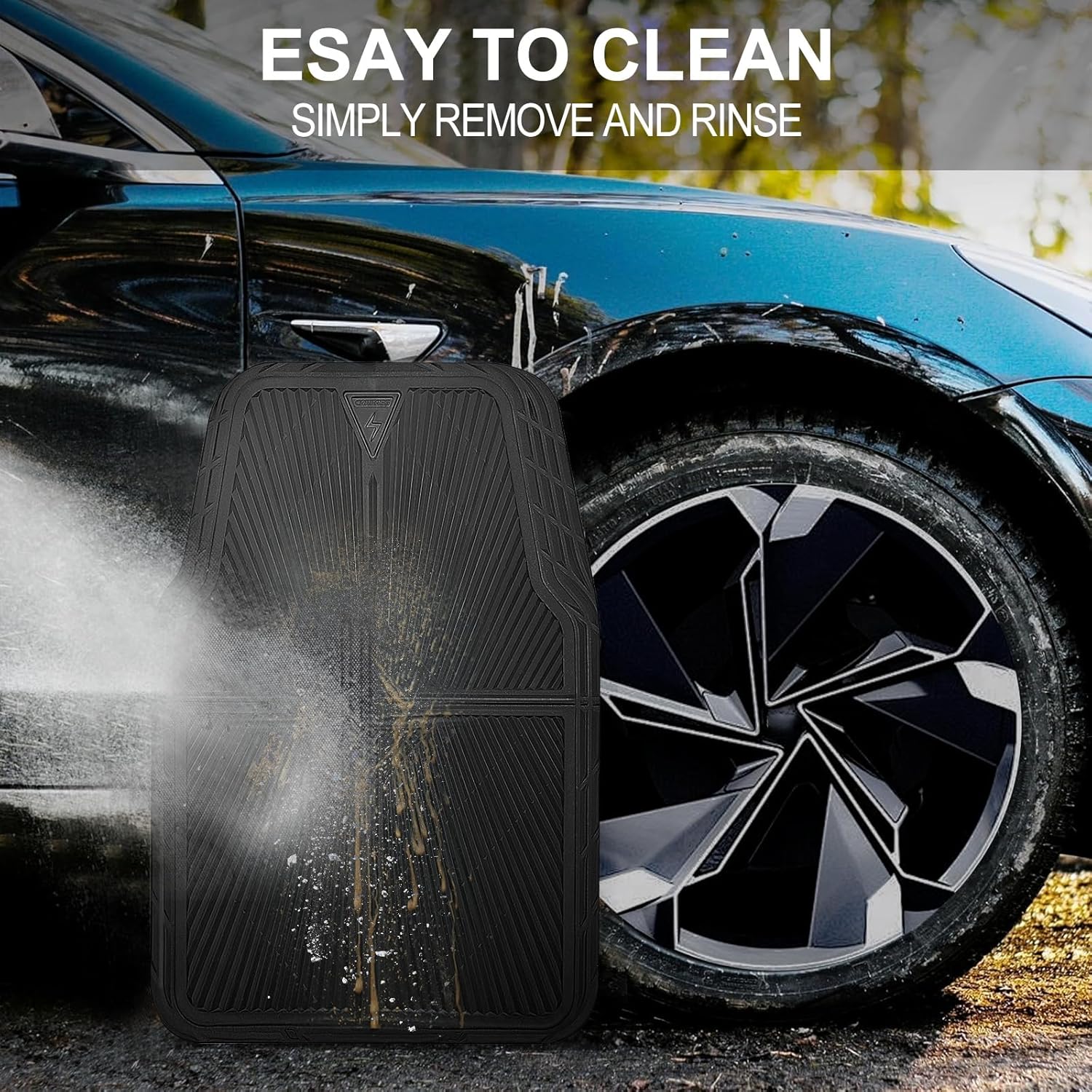 Rubber Floor Mats, All Weather Waterproof Trim-to-Fit Automotive Mats for Cars Trucks SUV, Anti-Slip Easy Clean
