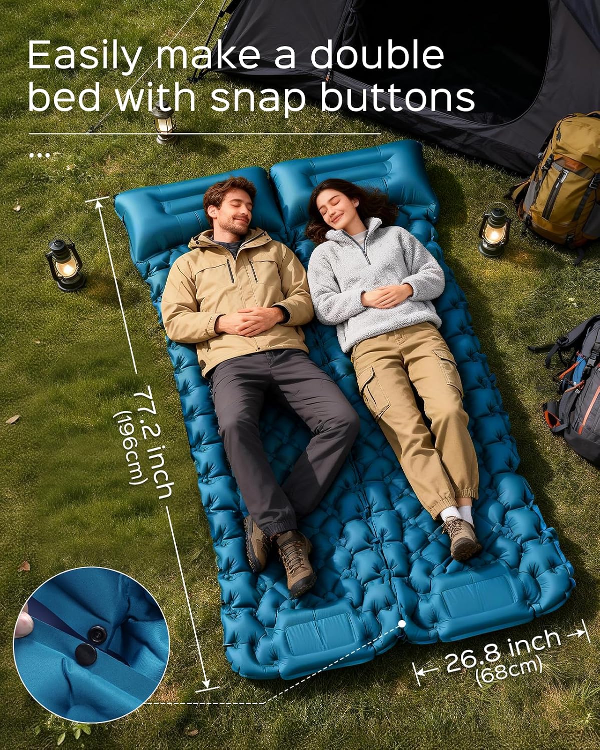 Sleeping Pad, 3.9" Thick Inflatable Mattress with Pillow & Pump | Built-in Pump, Quick Inflate, 40D Nylon, Button