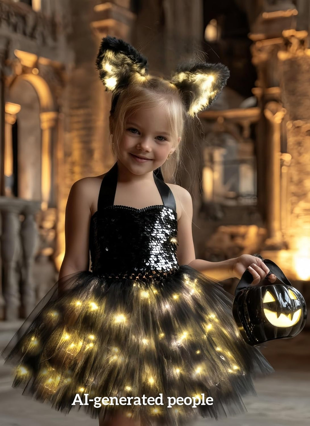 Girls Black Cat TuTu Tulle Dress Animals Cat Costumes LED Light Up Halloween Outfit Playwear With Tail Ear