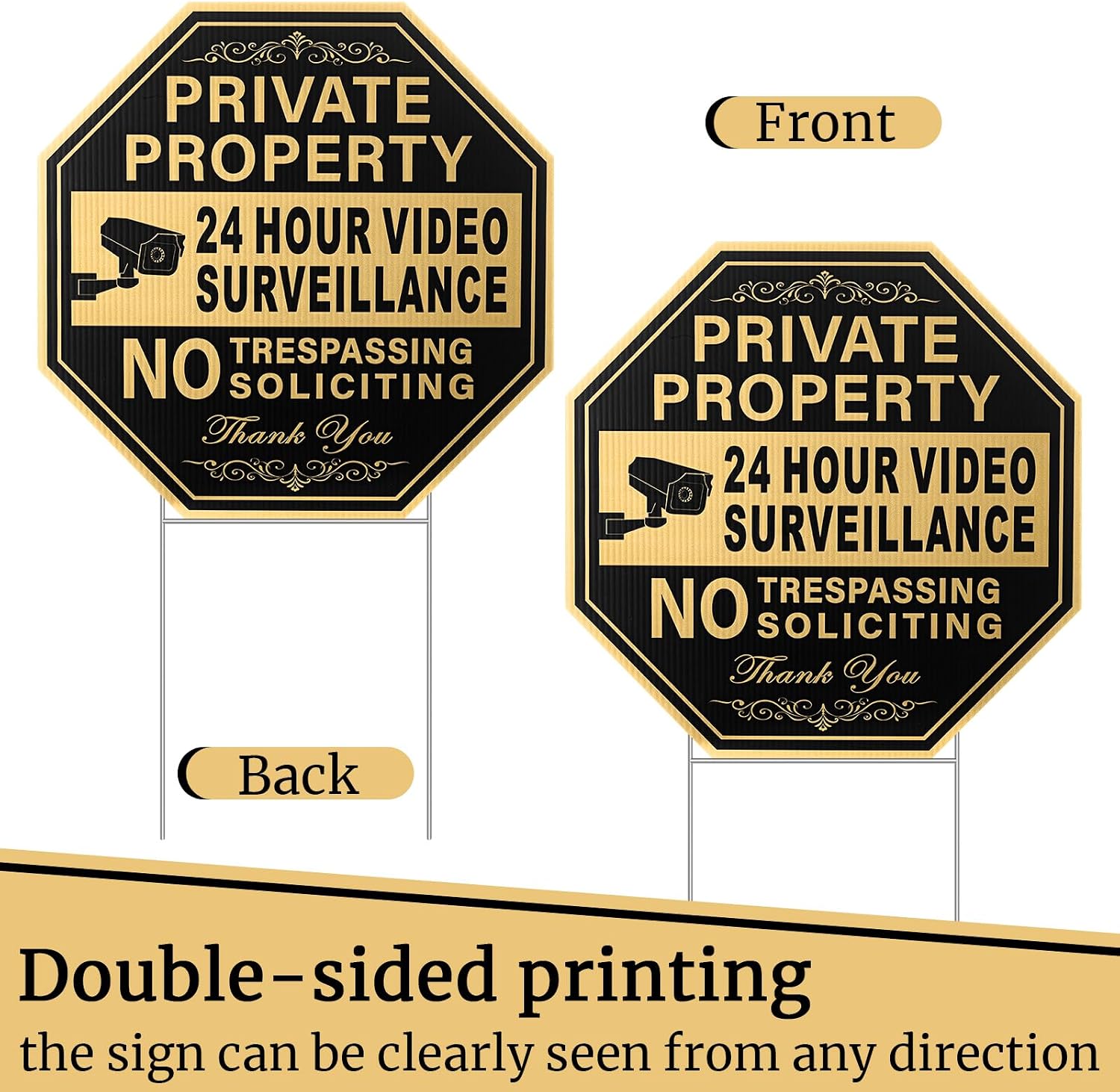 4 Pcs Private Property No Trespassing No Soliciting Yard Sign 12 x 12 Inches 24 Hours Video Surveillance Sign with