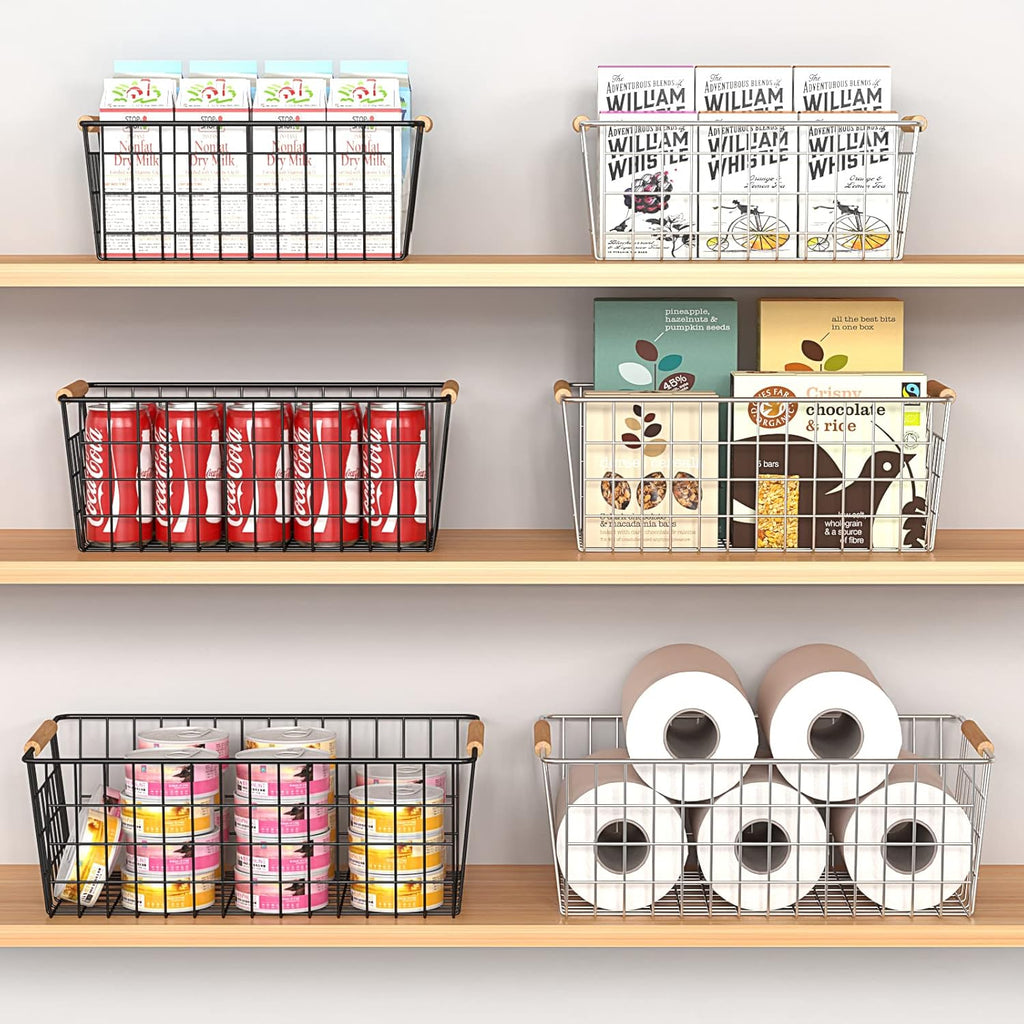 Wire Storage Baskets with Wooden Handles, 3 Pack Metal Organizer Baskets for Kitchen, Pantry, Freezer