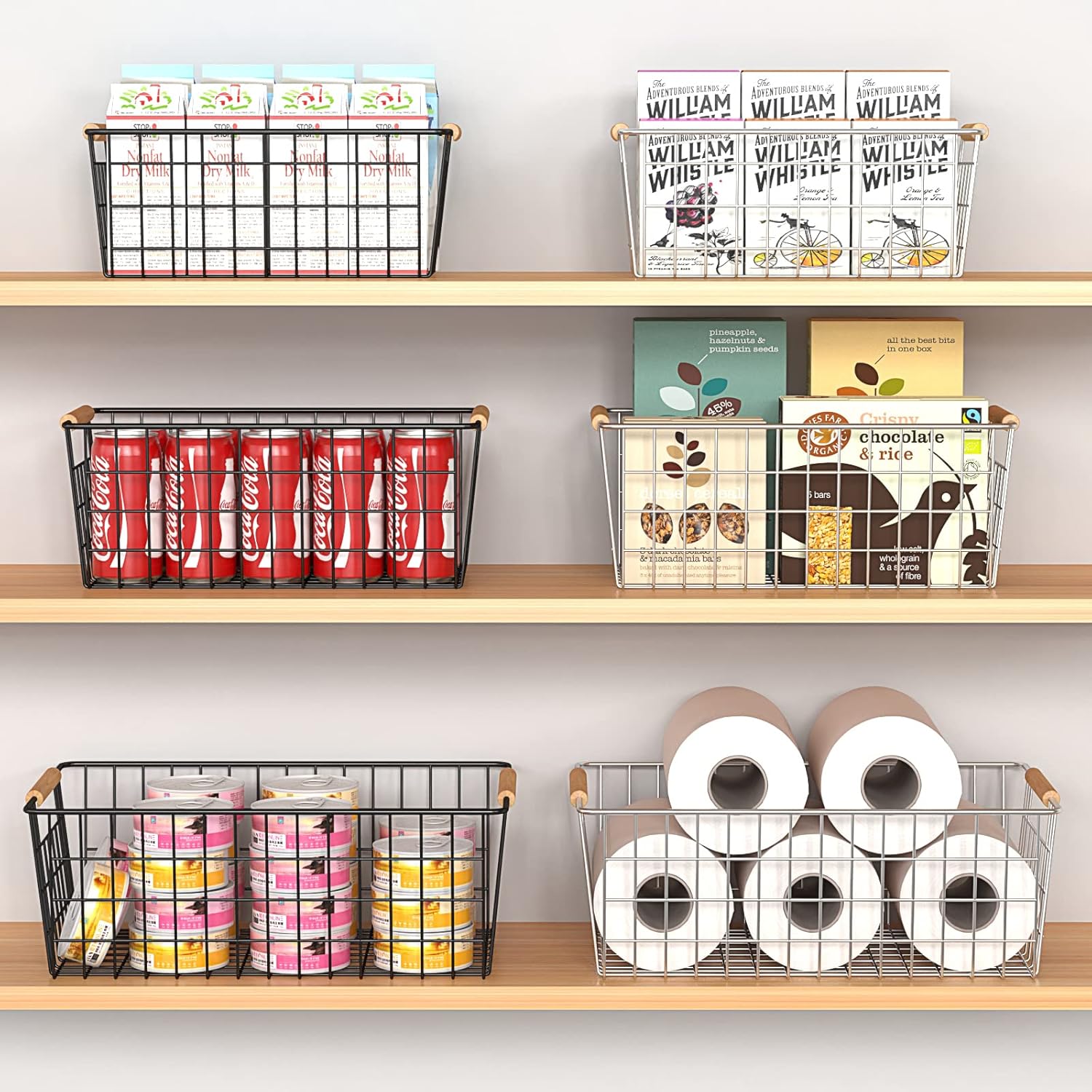 Wire Storage Baskets with Wooden Handles, 3 Pack Metal Organizer Baskets for Kitchen, Pantry, Freezer